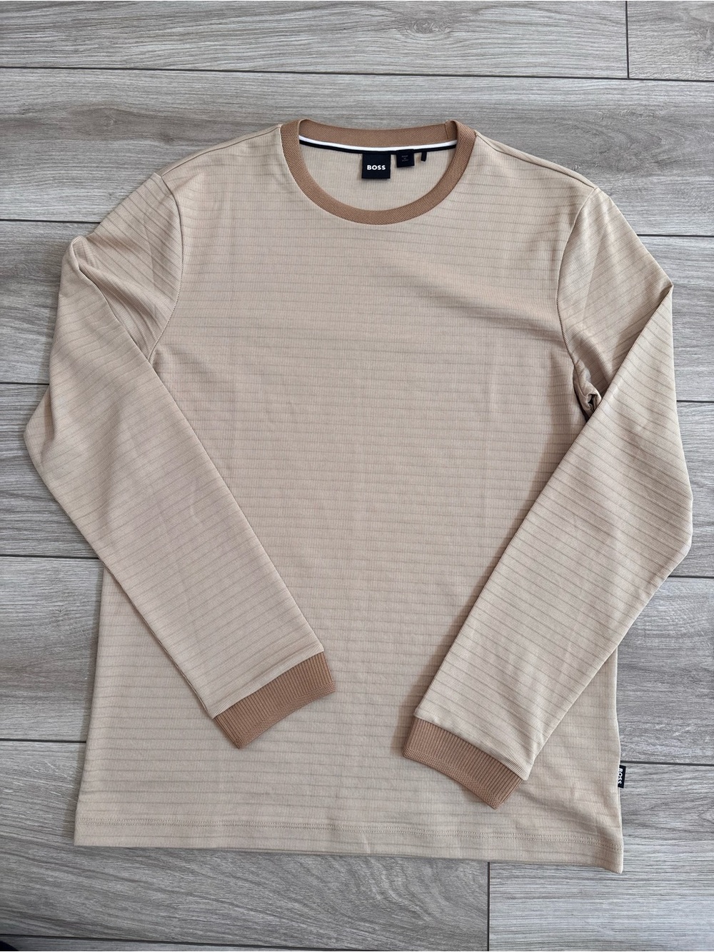 BOSS Beige Long-Sleeve Crewneck with Contrast Trim
